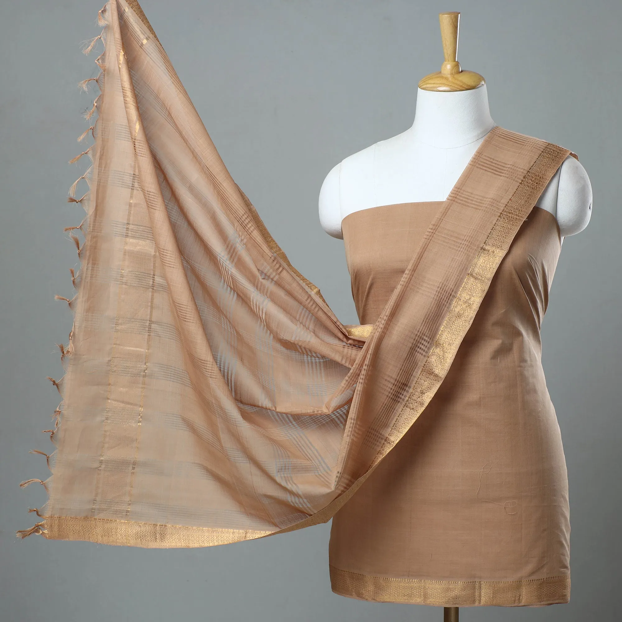 Brown - 3pc Handloom Cotton Mangalagiri Dress Material 04