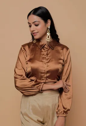 Brown Satin Puffed Sleeve Shirt Blouse