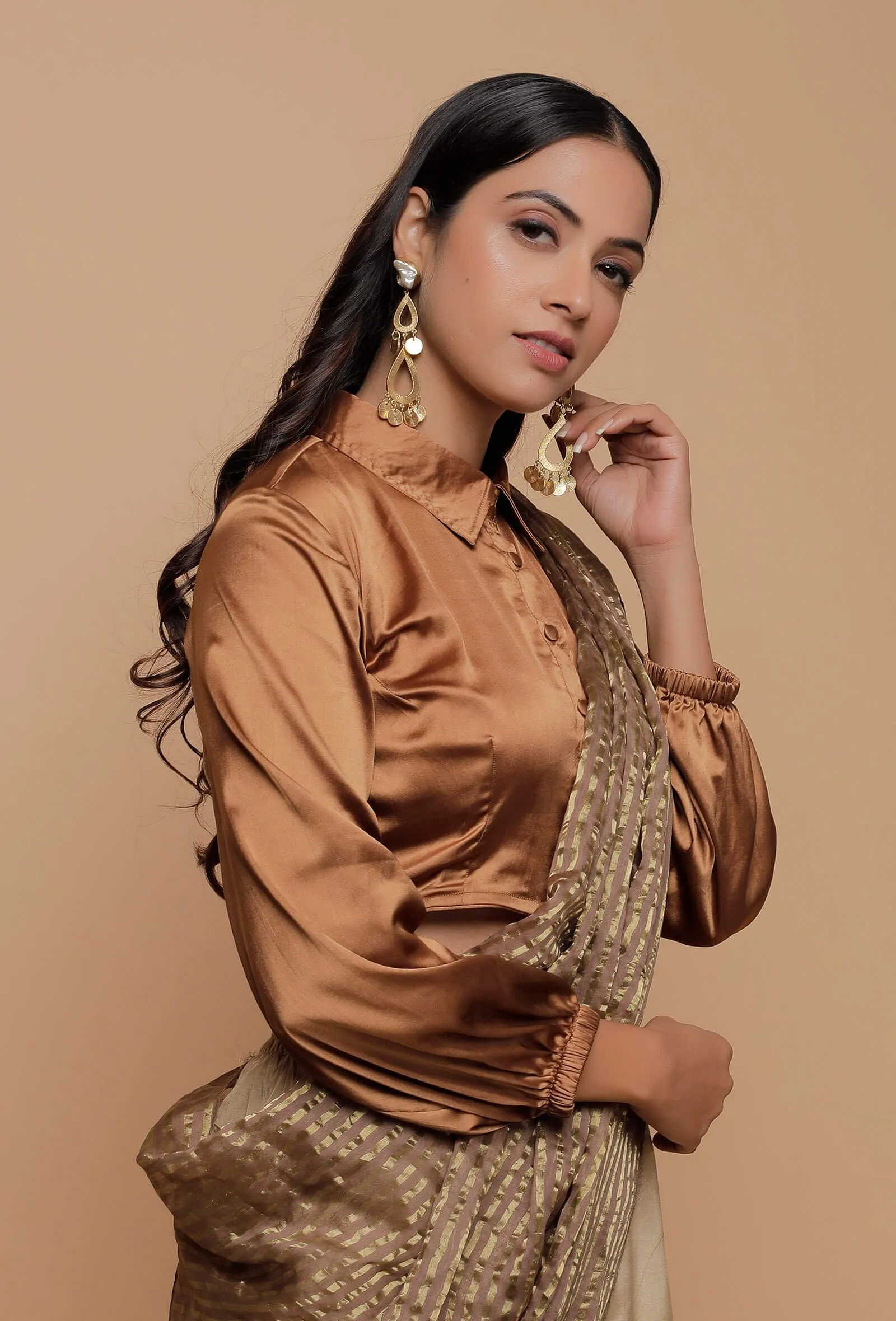 Brown Satin Puffed Sleeve Shirt Blouse