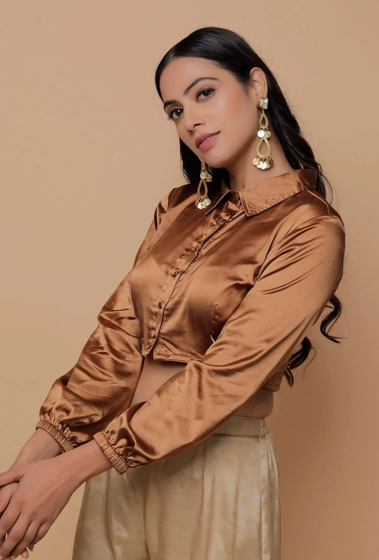 Brown Satin Puffed Sleeve Shirt Blouse