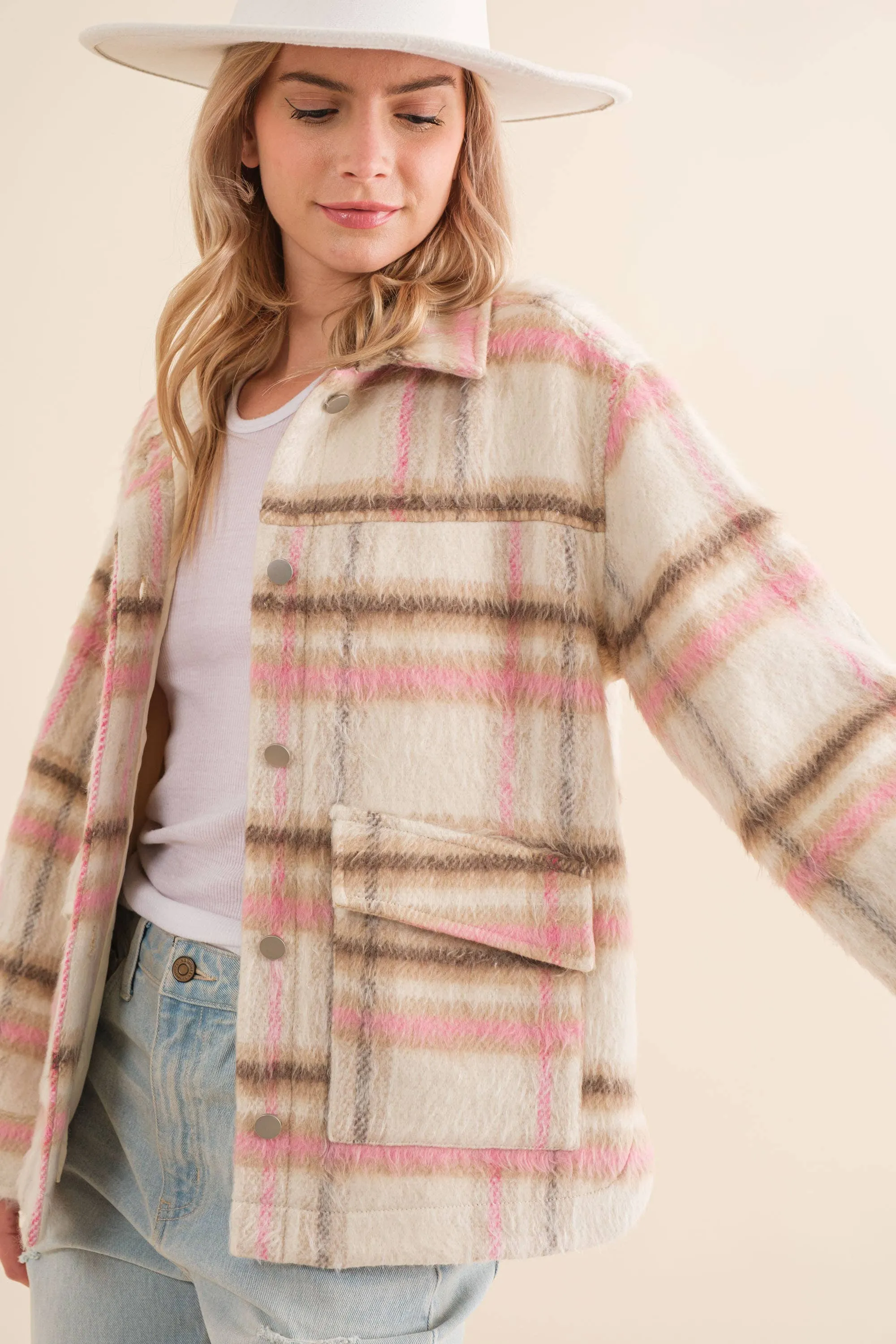 Brushed Yarn Dyed Plaid Collared Jacket