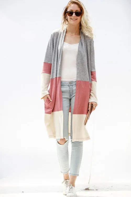 Cozy Color Block Cardigan, Heather Grey