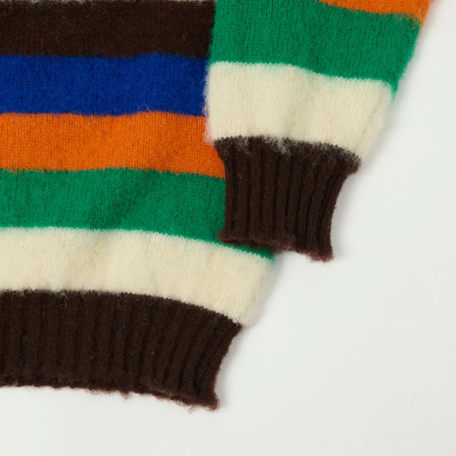 Drake's Striped Brushed Shetland Crew - Brown/Blue/Orange