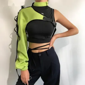 DressBetty - Streetwear Neon Halter Sweatshirt Hoodie Buckle Reflective Smock One Shoulder Women Sweatshirts Holographic Outwear