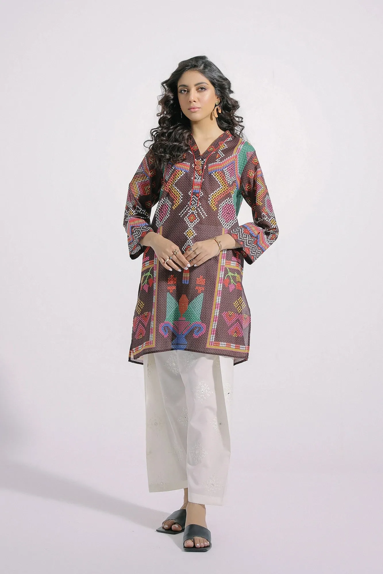 Ethnic Brown Printed Lawn Shirt