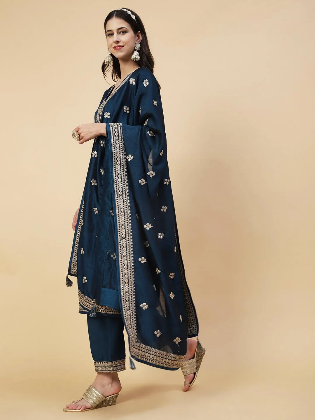 Ethnic Embroidered Straight Fit Kurta with Pant & Dupatta - Teal Blue