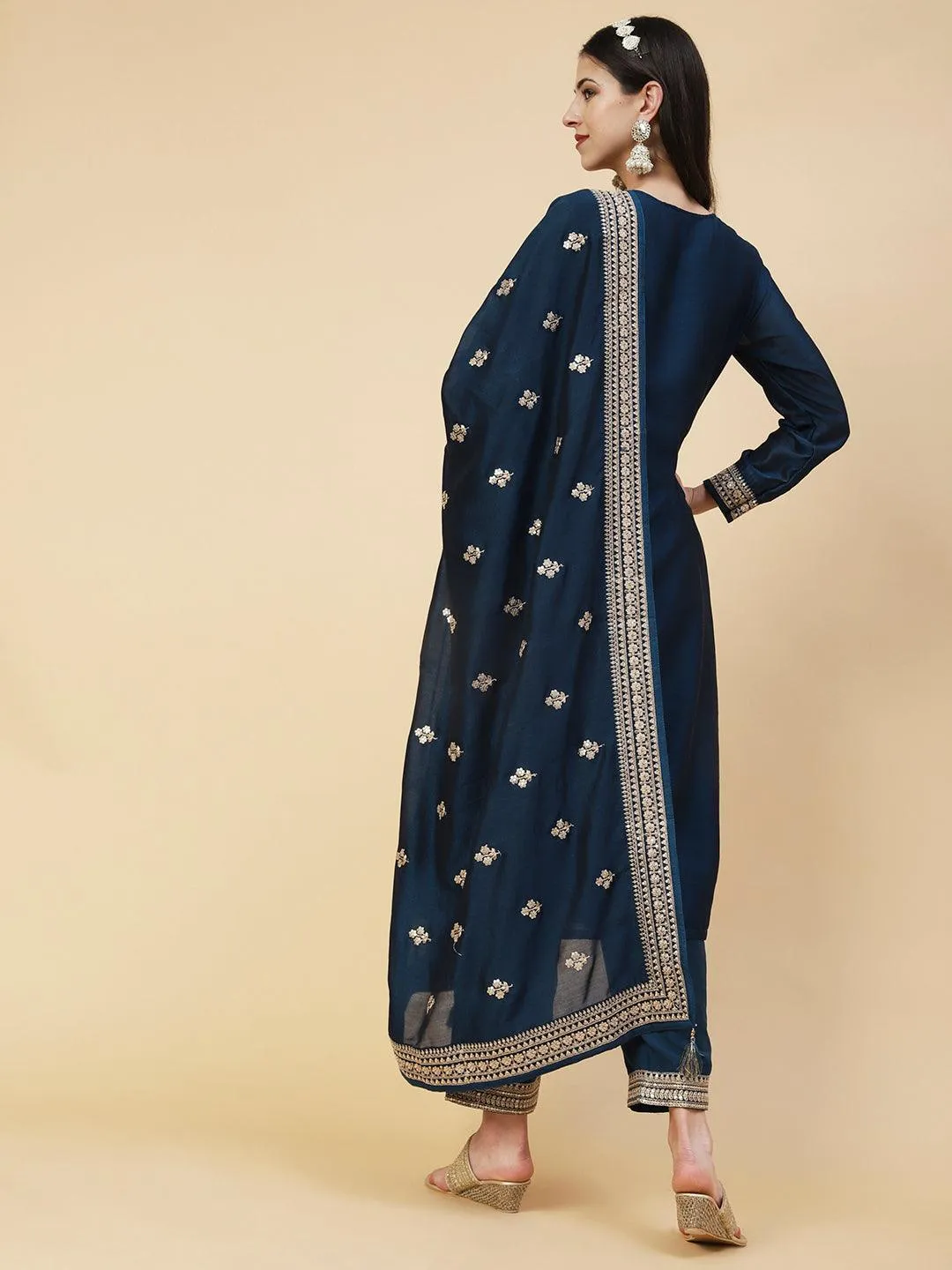 Ethnic Embroidered Straight Fit Kurta with Pant & Dupatta - Teal Blue