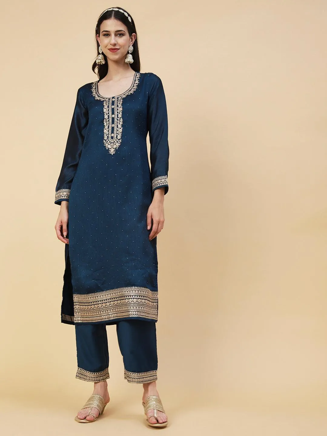 Ethnic Embroidered Straight Fit Kurta with Pant & Dupatta - Teal Blue