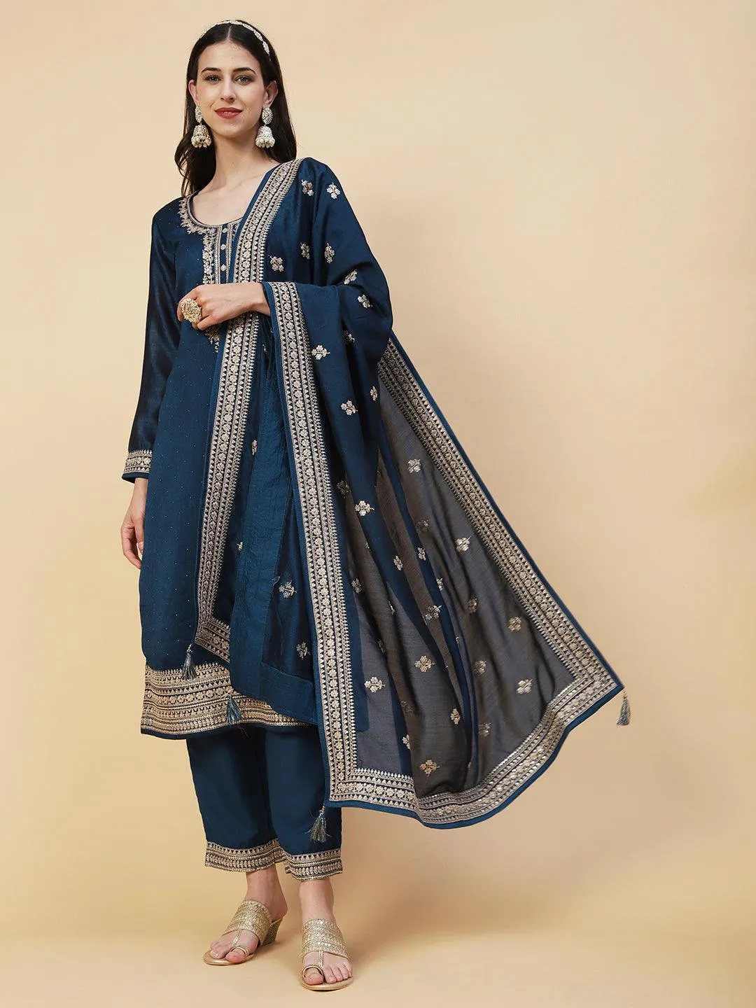 Ethnic Embroidered Straight Fit Kurta with Pant & Dupatta - Teal Blue