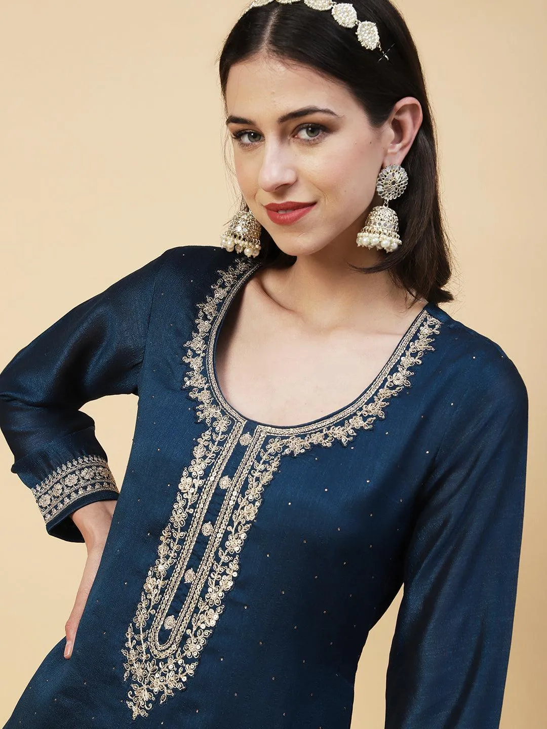 Ethnic Embroidered Straight Fit Kurta with Pant & Dupatta - Teal Blue