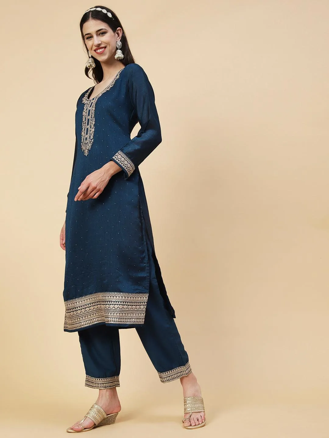 Ethnic Embroidered Straight Fit Kurta with Pant & Dupatta - Teal Blue