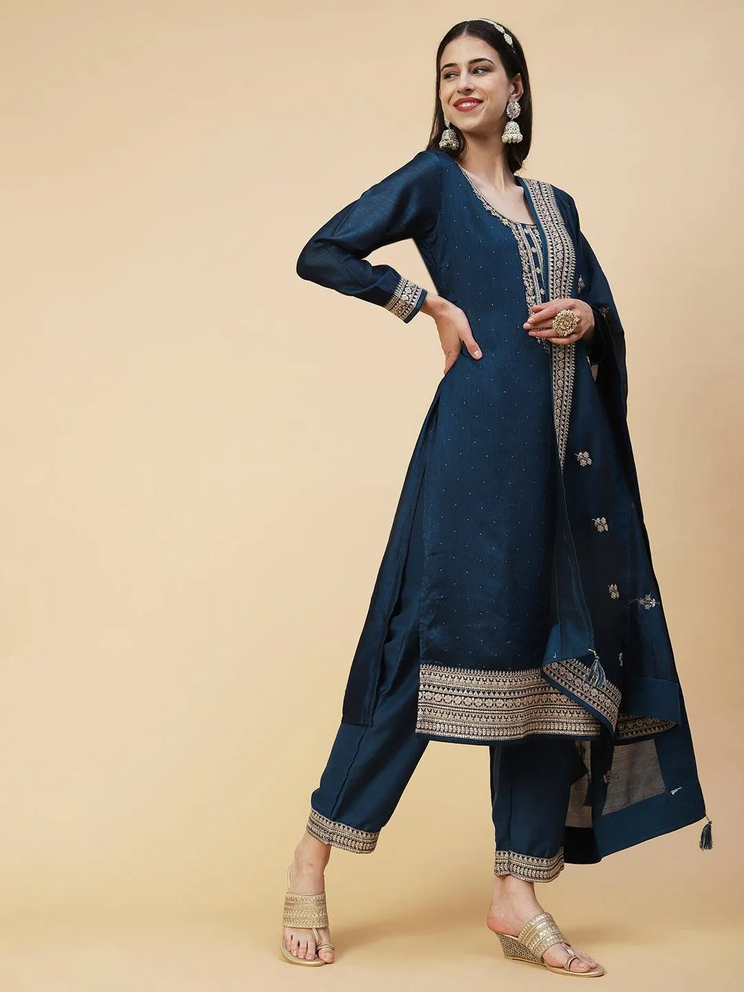 Ethnic Embroidered Straight Fit Kurta with Pant & Dupatta - Teal Blue