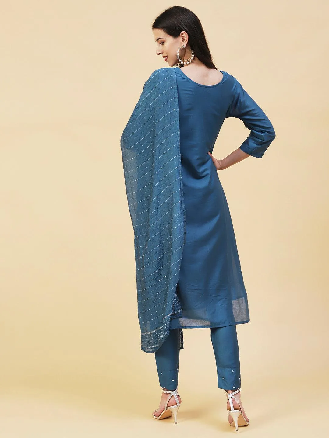 Ethnic Hand Embroidered Straight Fit Kurta with Pant & Dupatta - Teal Blue