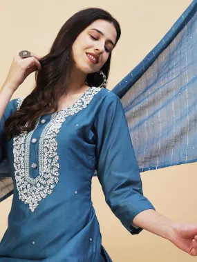 Ethnic Hand Embroidered Straight Fit Kurta with Pant & Dupatta - Teal Blue