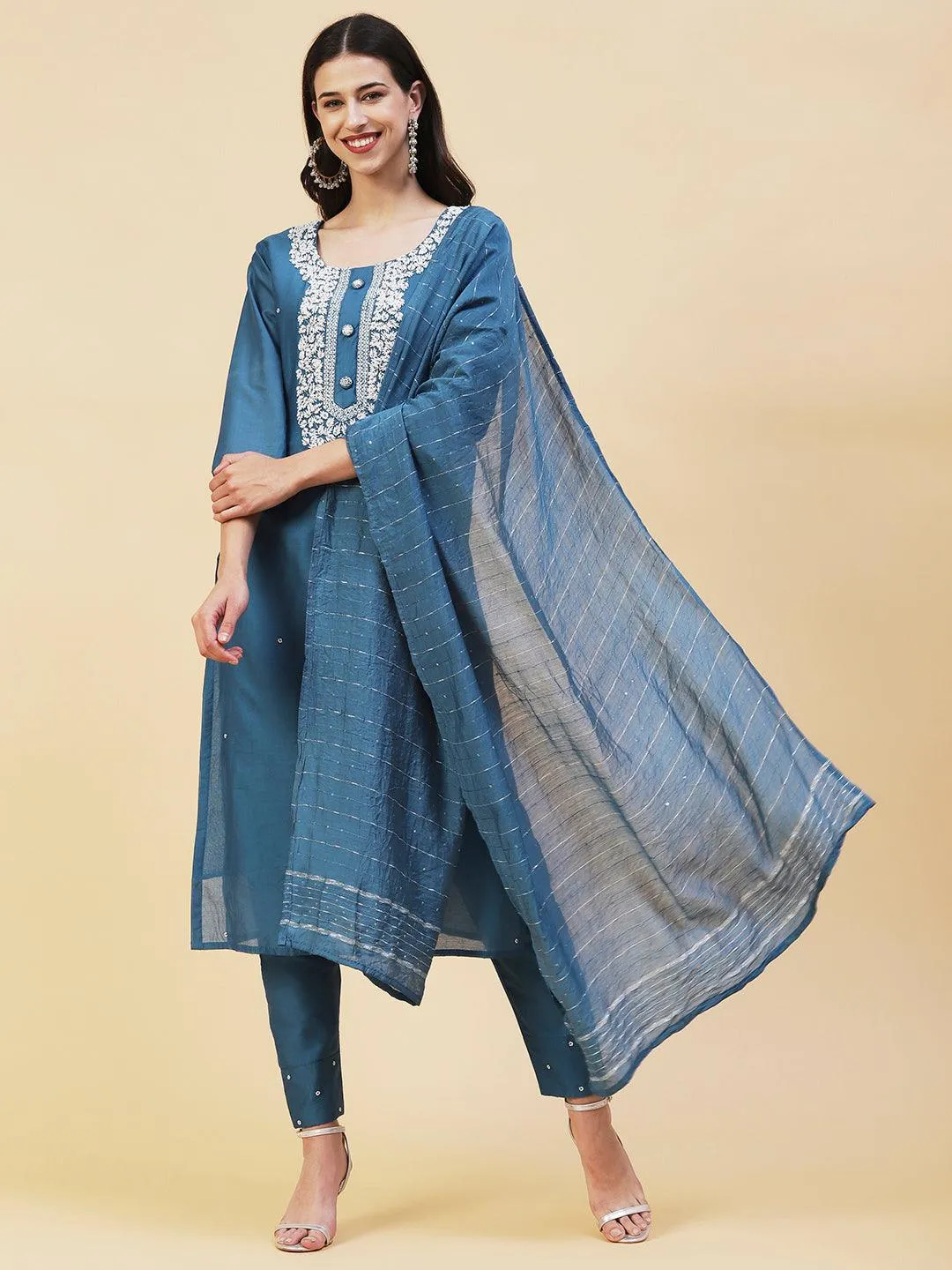 Ethnic Hand Embroidered Straight Fit Kurta with Pant & Dupatta - Teal Blue