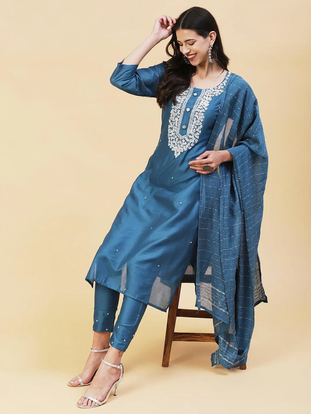 Ethnic Hand Embroidered Straight Fit Kurta with Pant & Dupatta - Teal Blue