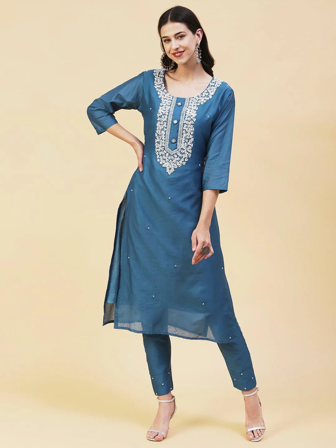 Ethnic Hand Embroidered Straight Fit Kurta with Pant & Dupatta - Teal Blue