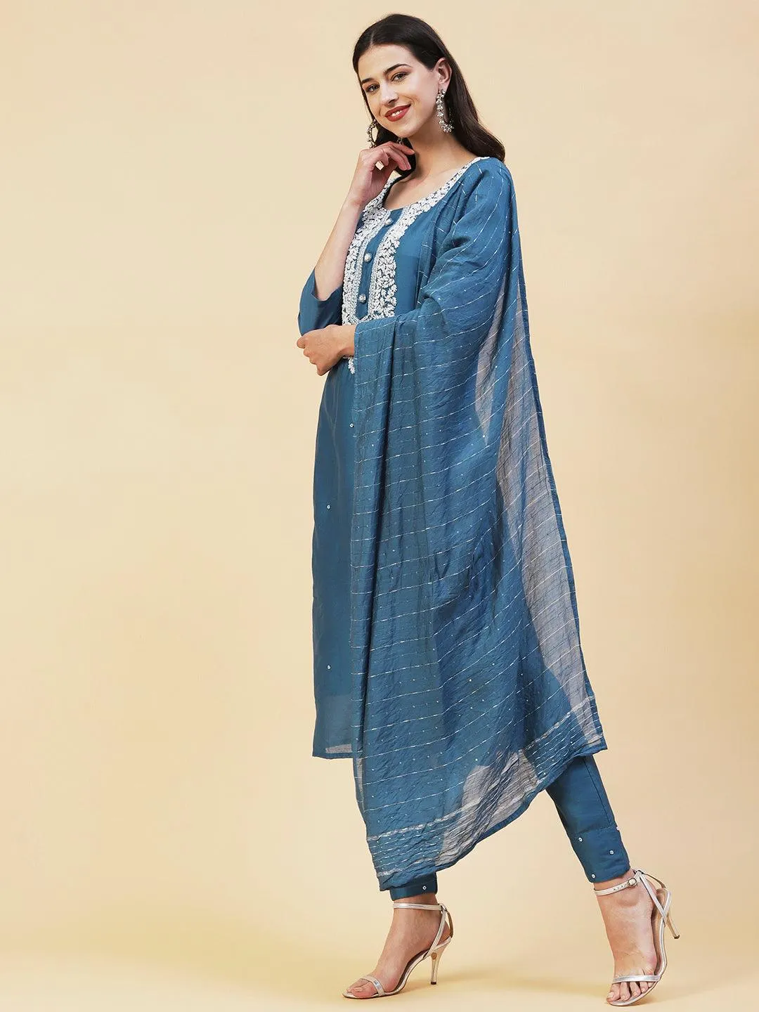 Ethnic Hand Embroidered Straight Fit Kurta with Pant & Dupatta - Teal Blue