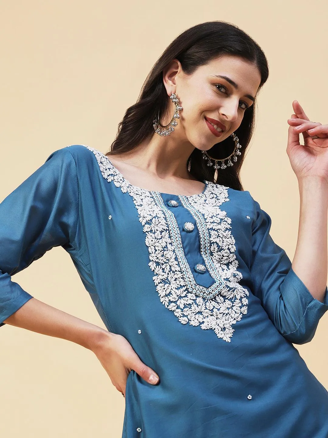 Ethnic Hand Embroidered Straight Fit Kurta with Pant & Dupatta - Teal Blue