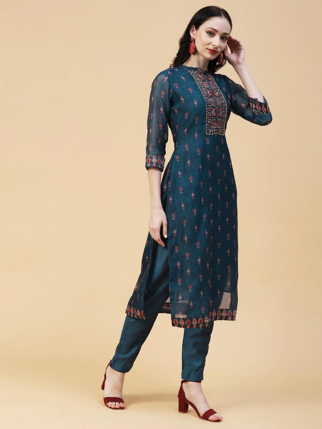 Ethnic Printed & Hand Embroidered Straight Kurta with Pant & Dupatta - Teal Blue