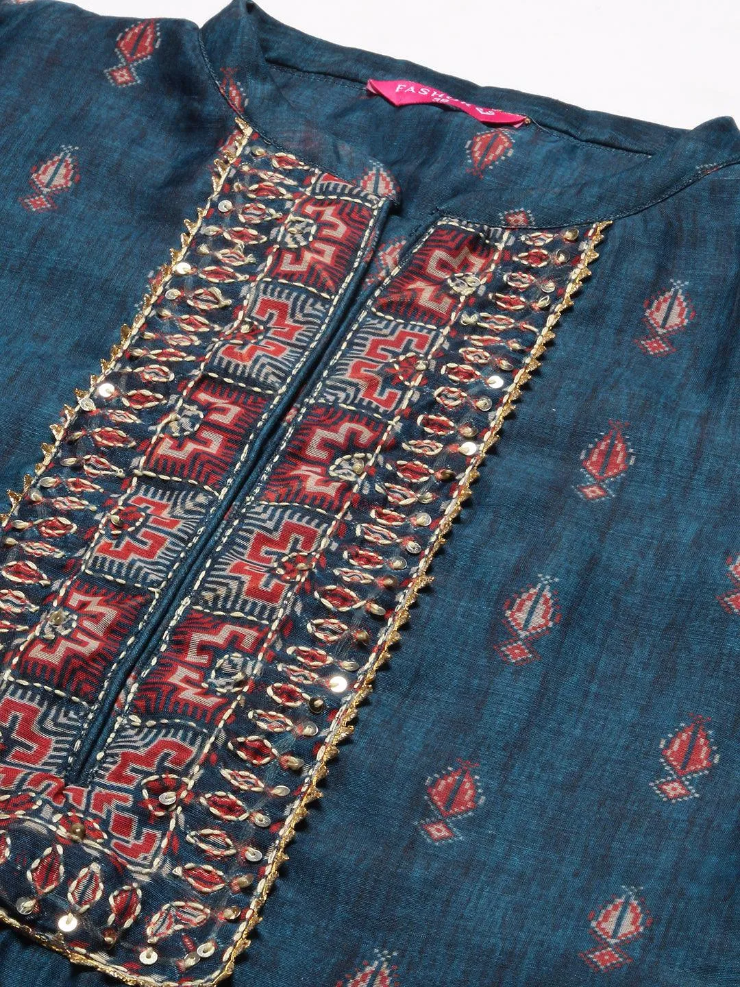 Ethnic Printed & Hand Embroidered Straight Kurta with Pant & Dupatta - Teal Blue