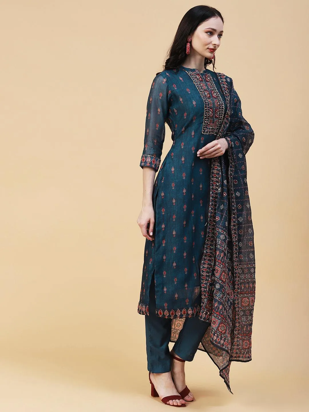 Ethnic Printed & Hand Embroidered Straight Kurta with Pant & Dupatta - Teal Blue