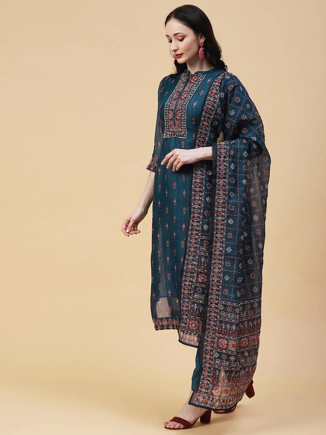 Ethnic Printed & Hand Embroidered Straight Kurta with Pant & Dupatta - Teal Blue