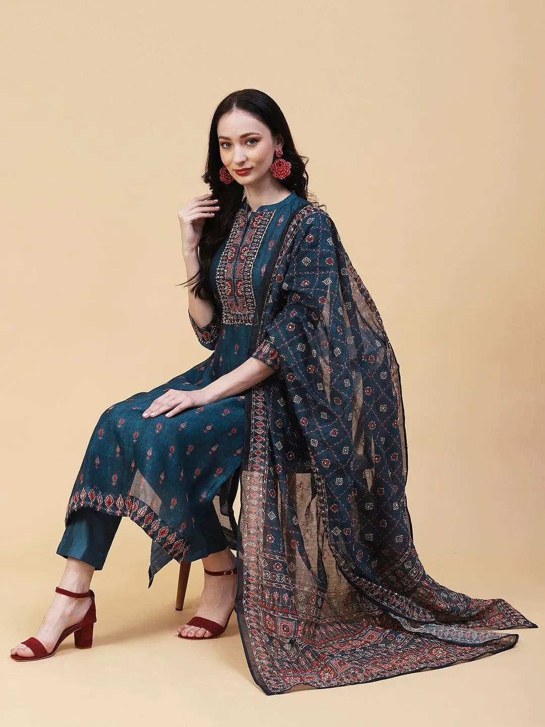 Ethnic Printed & Hand Embroidered Straight Kurta with Pant & Dupatta - Teal Blue