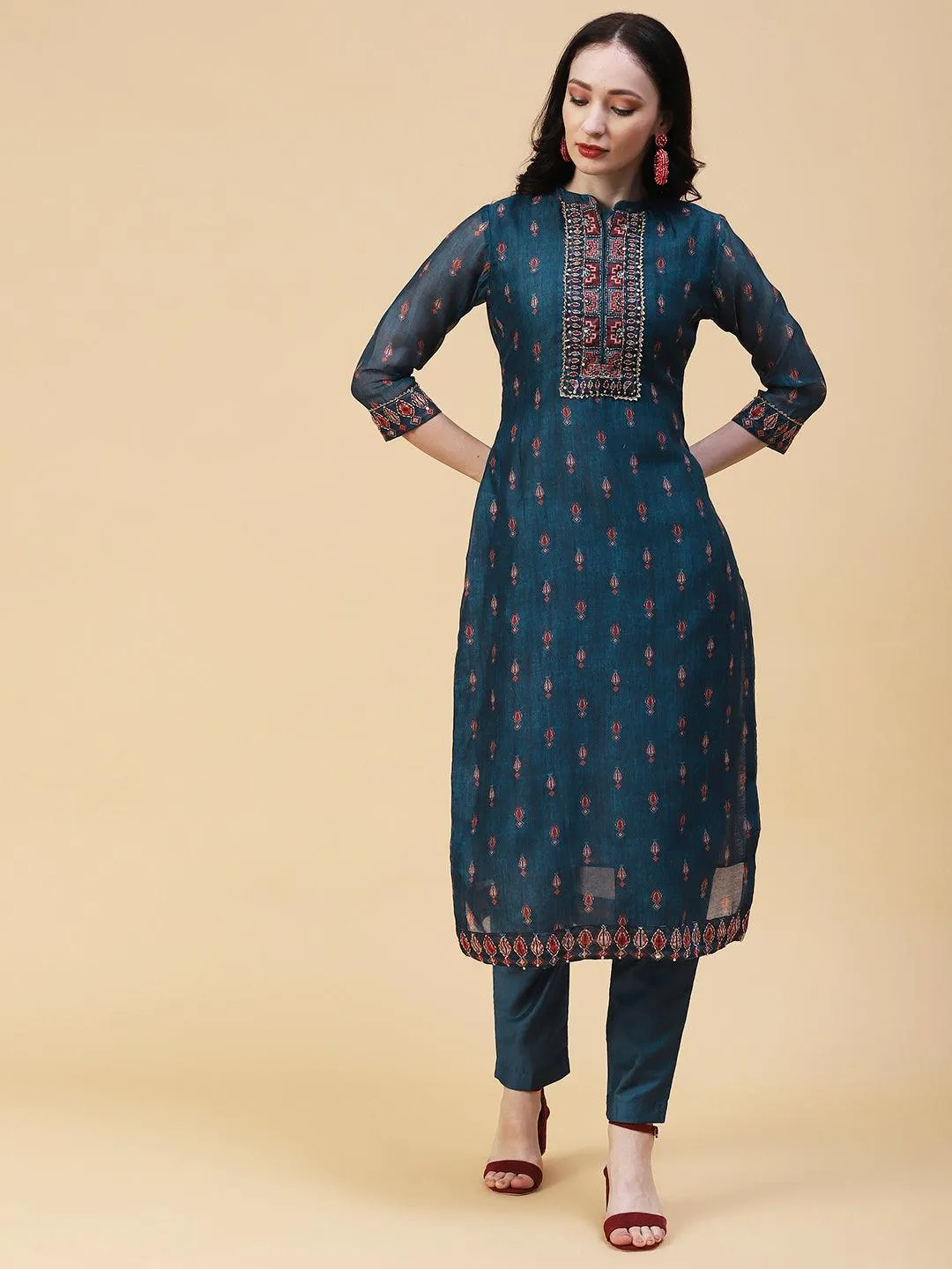 Ethnic Printed & Hand Embroidered Straight Kurta with Pant & Dupatta - Teal Blue