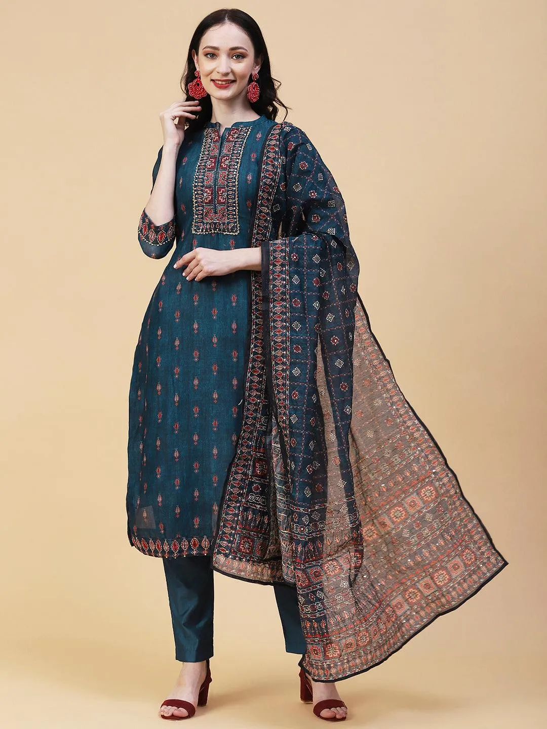 Ethnic Printed & Hand Embroidered Straight Kurta with Pant & Dupatta - Teal Blue