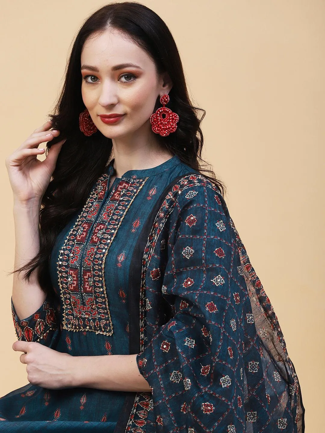 Ethnic Printed & Hand Embroidered Straight Kurta with Pant & Dupatta - Teal Blue