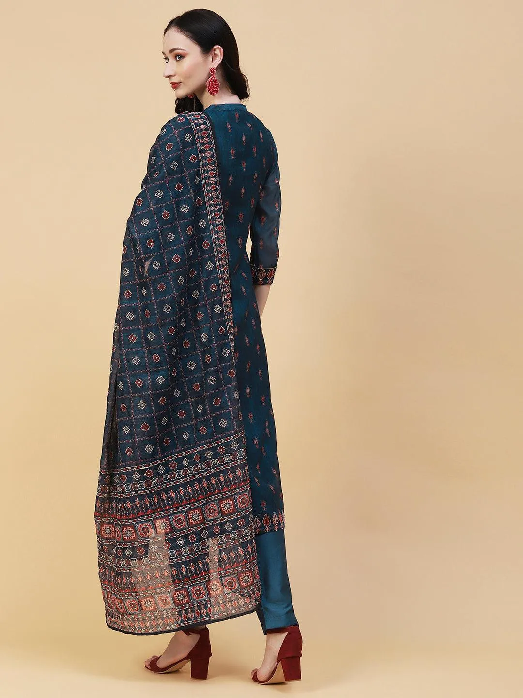 Ethnic Printed & Hand Embroidered Straight Kurta with Pant & Dupatta - Teal Blue