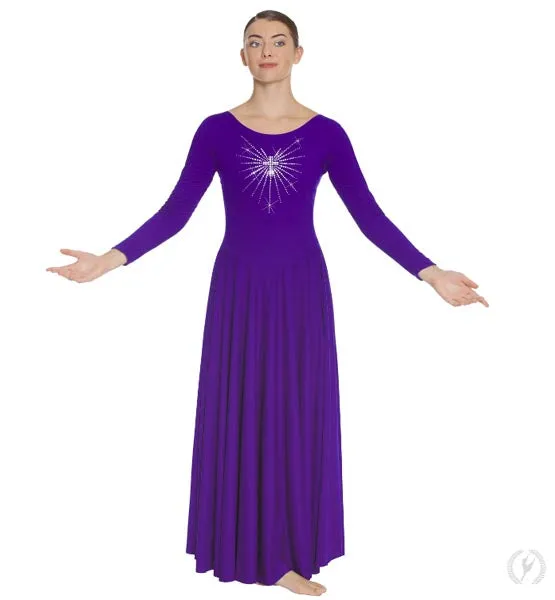 Eurotard 11030P Womens Plus Front Lined Long Sleeve Praise Dress with Rhinestone Radiant Cross