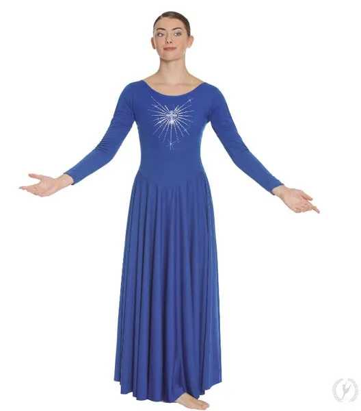 Eurotard 11030P Womens Plus Front Lined Long Sleeve Praise Dress with Rhinestone Radiant Cross