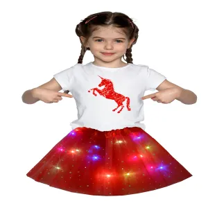 FancyDressWale Unicorn Red Tutu LED Skirt and Top Birthday Dress for Girls-B1