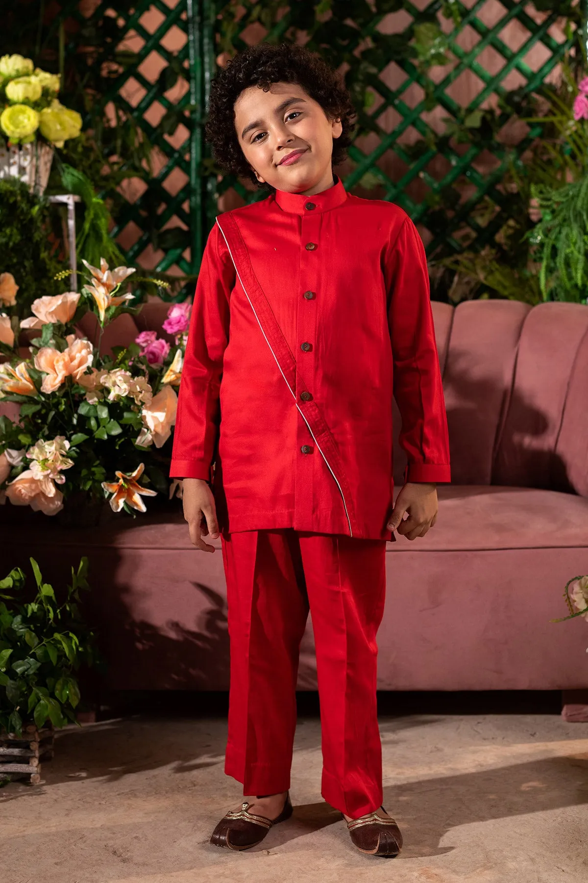 Farnbag - Red Long Shirt & Trouser Set