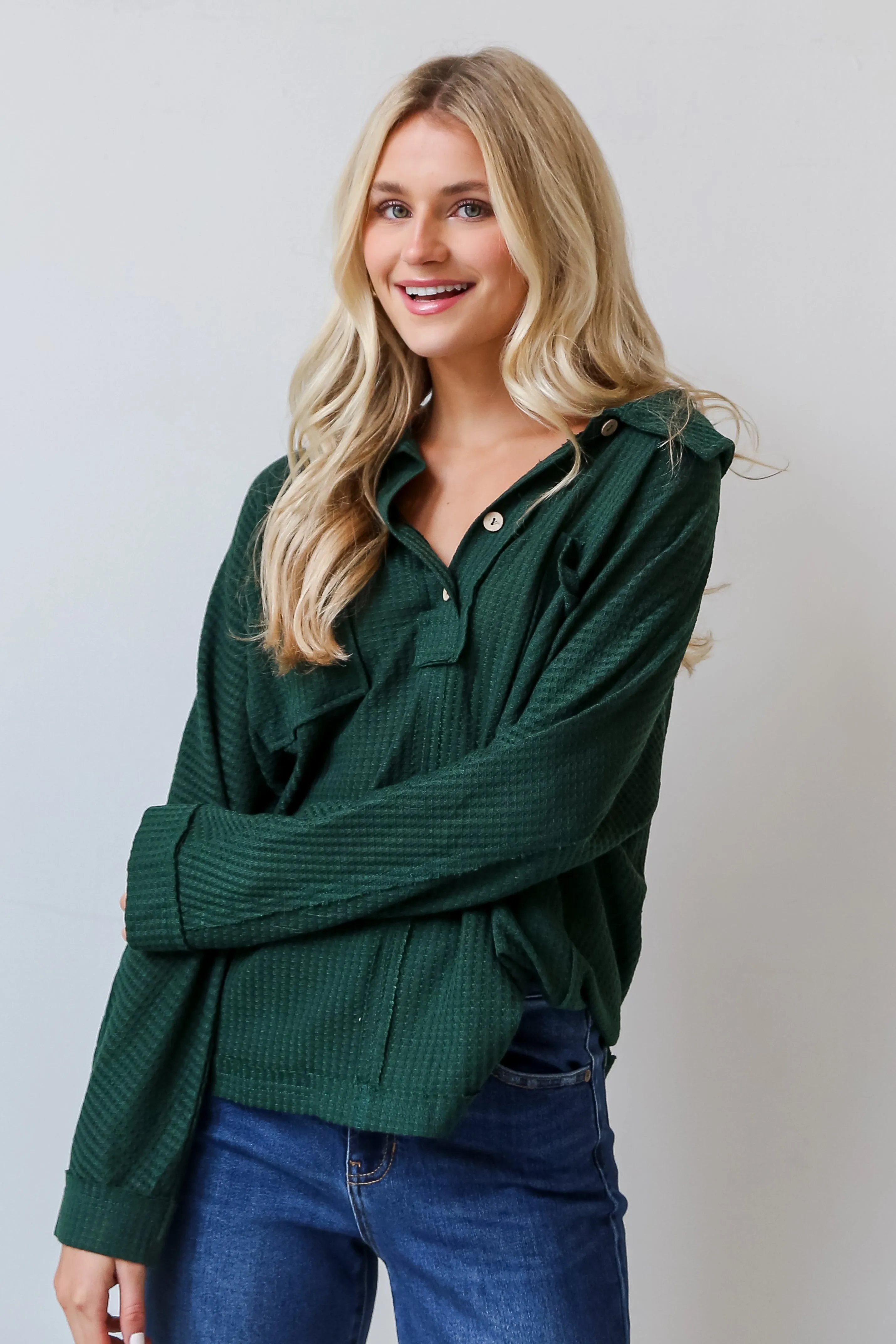 FINAL SALE - Always Together Hunter Green Waffle Knit Henley Top - DOORBUSTER