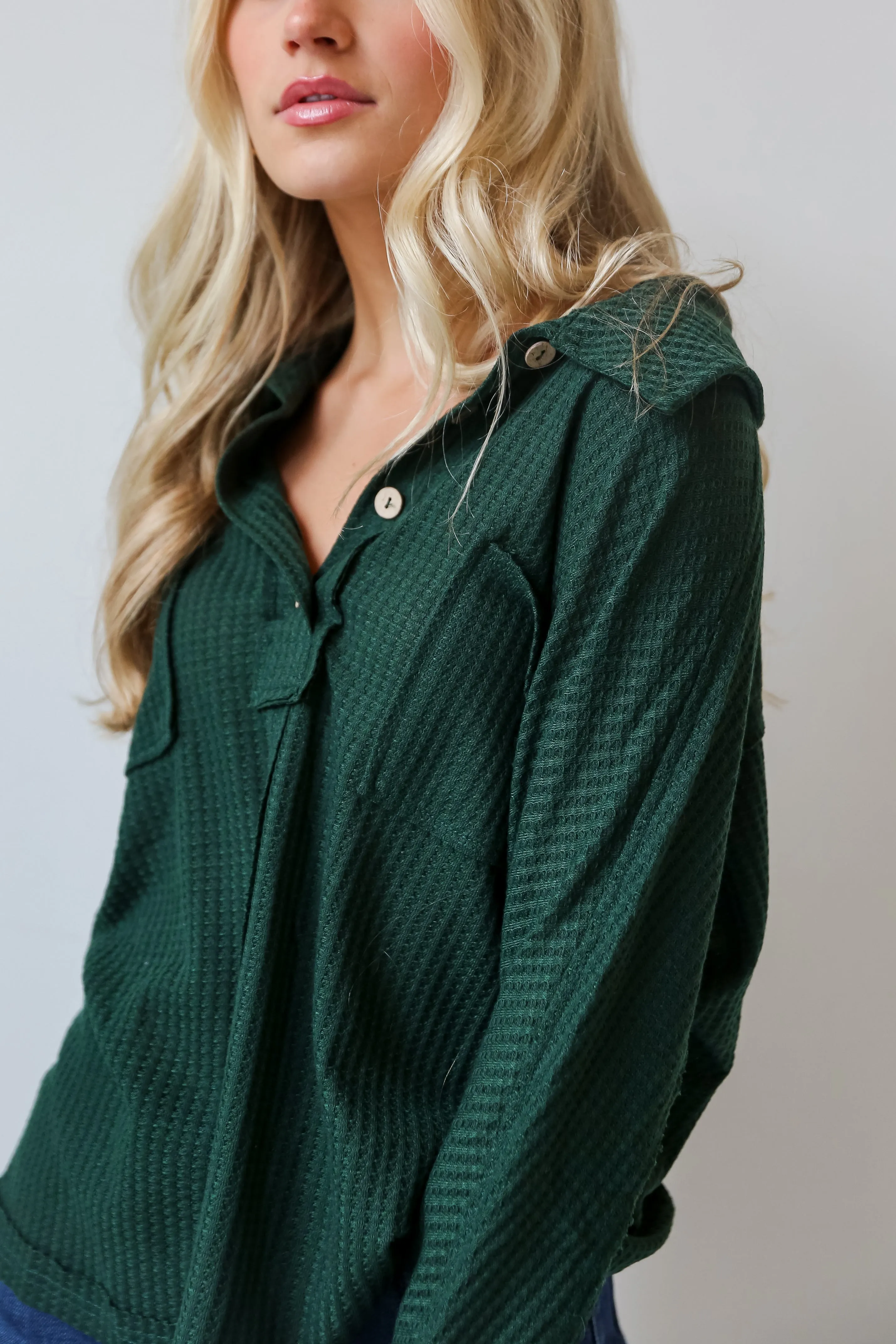 FINAL SALE - Always Together Hunter Green Waffle Knit Henley Top - DOORBUSTER