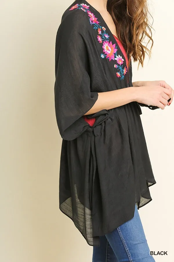 Floral Embroided Kimono, Black