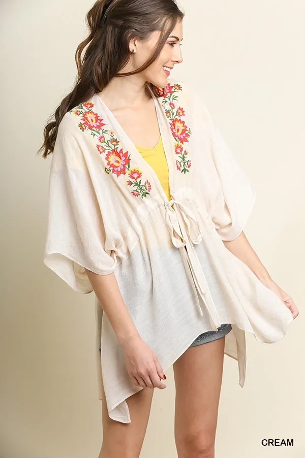 Floral Embroided Kimono, Cream