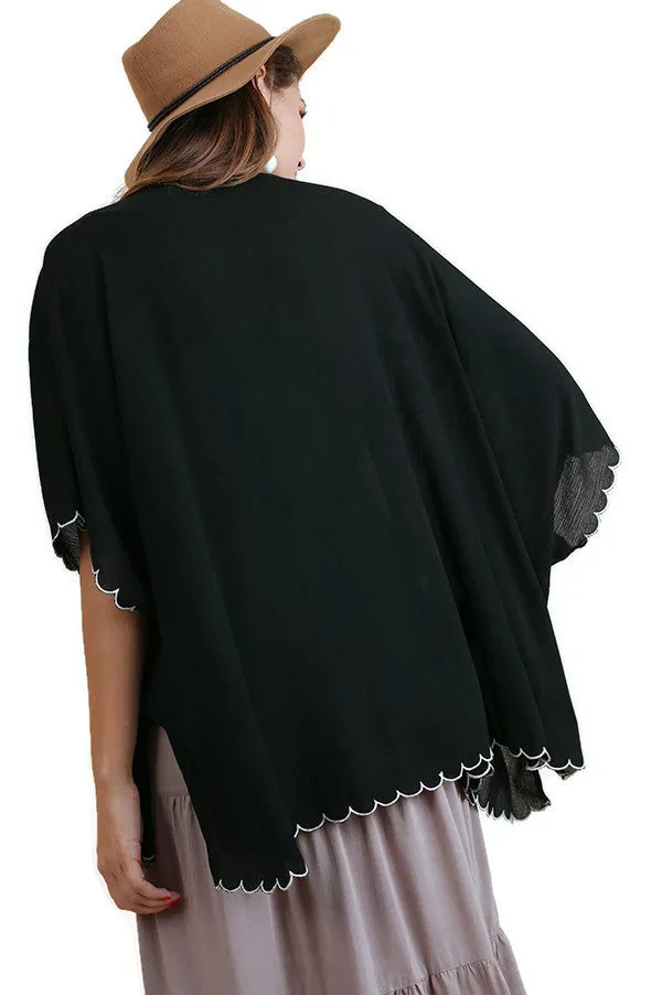 Floral Embroided Scallop Hem Kimono, Black