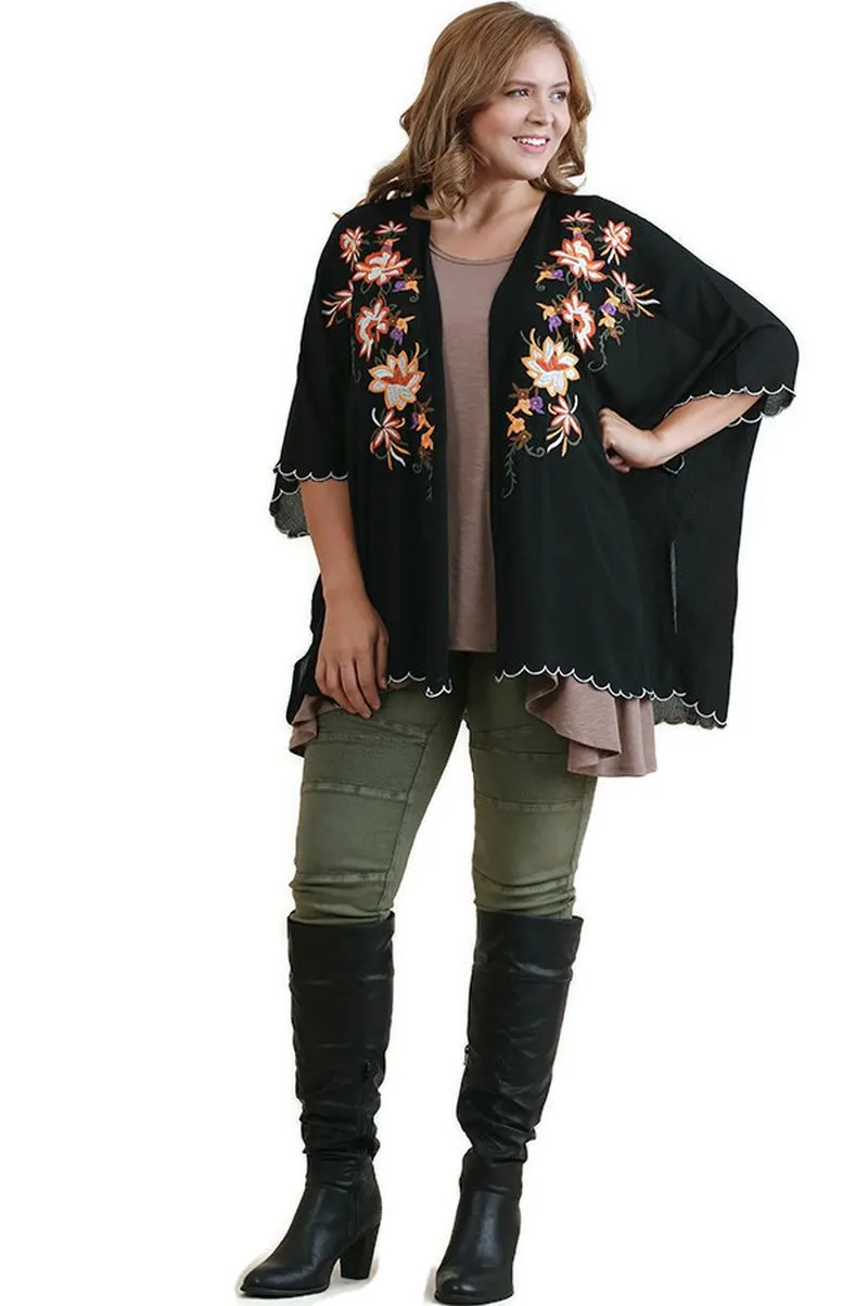 Floral Embroided Scallop Hem Kimono, Black