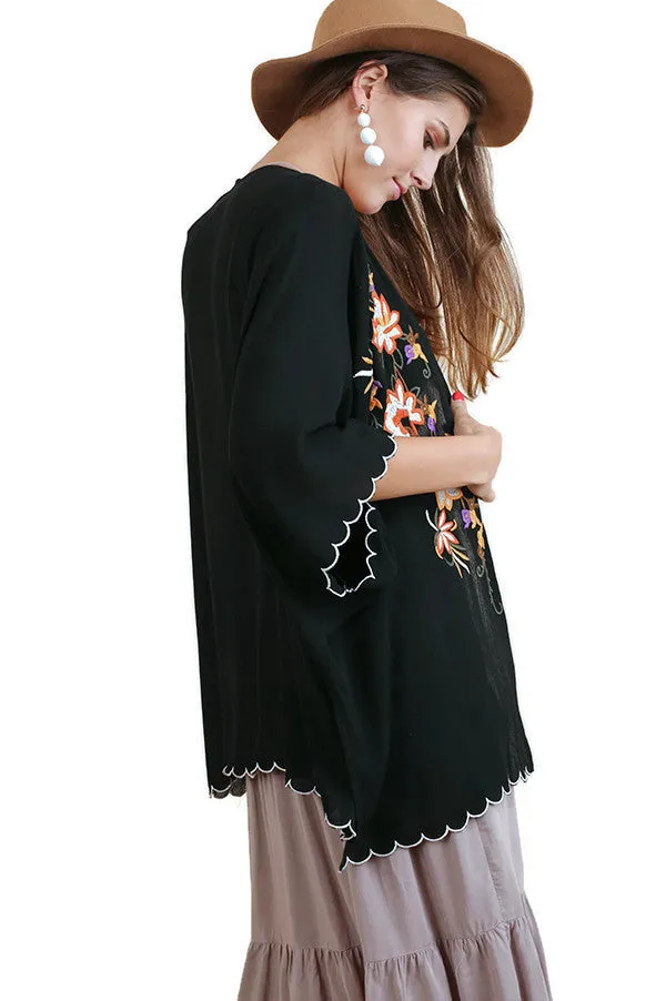 Floral Embroided Scallop Hem Kimono, Black