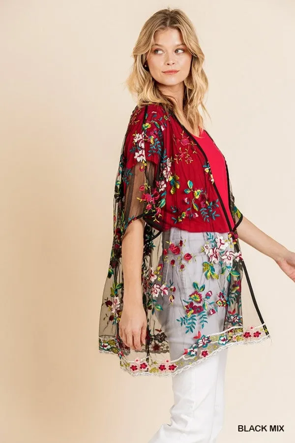 Floral Embroidered Sheer Mesh Kimono, Black Mix