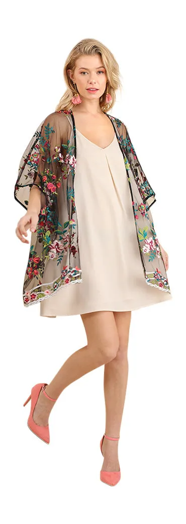 Floral Embroidered Sheer Mesh Kimono, Black Mix