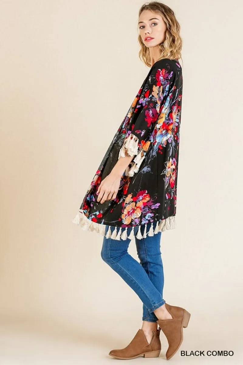 Floral Frayed Tassel Kimono, Black