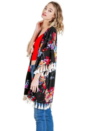 Floral Frayed Tassel Kimono, Black