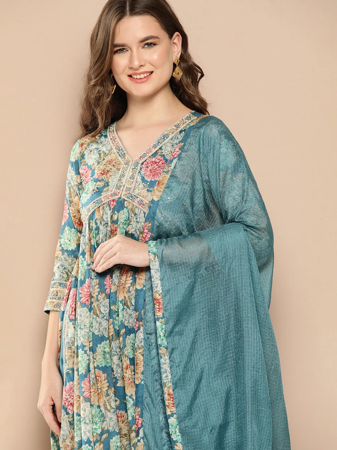 Floral Printed Pleated Patchwork Pure Cotton Kurta With Trousers & Dupatta