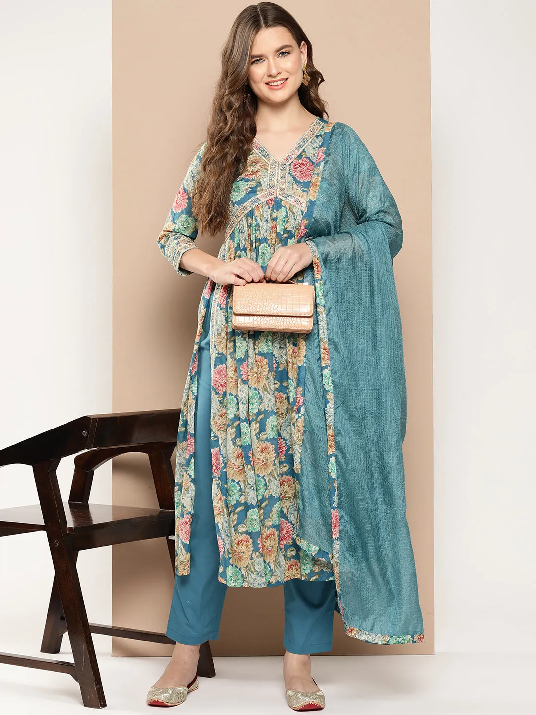 Floral Printed Pleated Patchwork Pure Cotton Kurta With Trousers & Dupatta