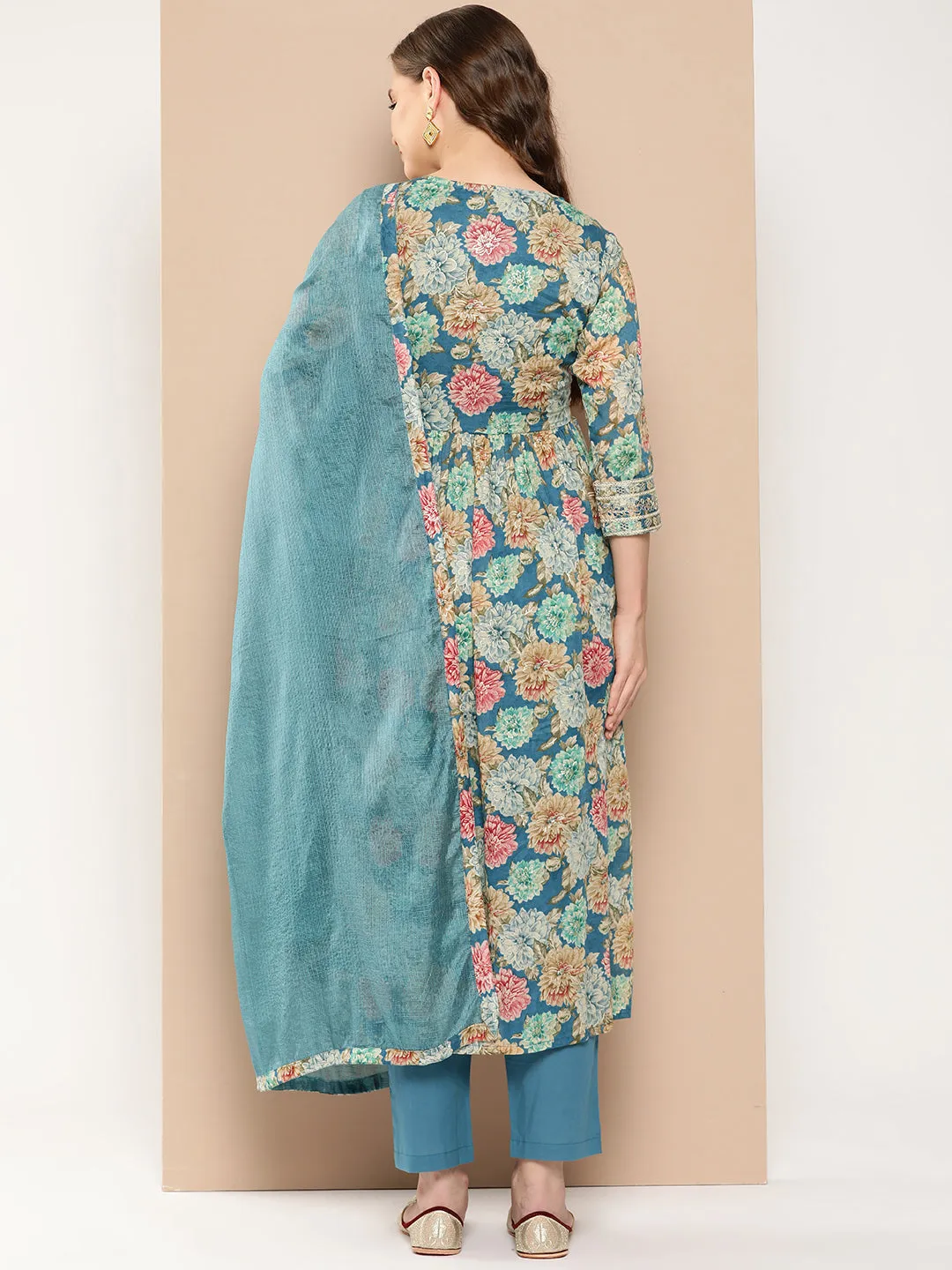 Floral Printed Pleated Patchwork Pure Cotton Kurta With Trousers & Dupatta